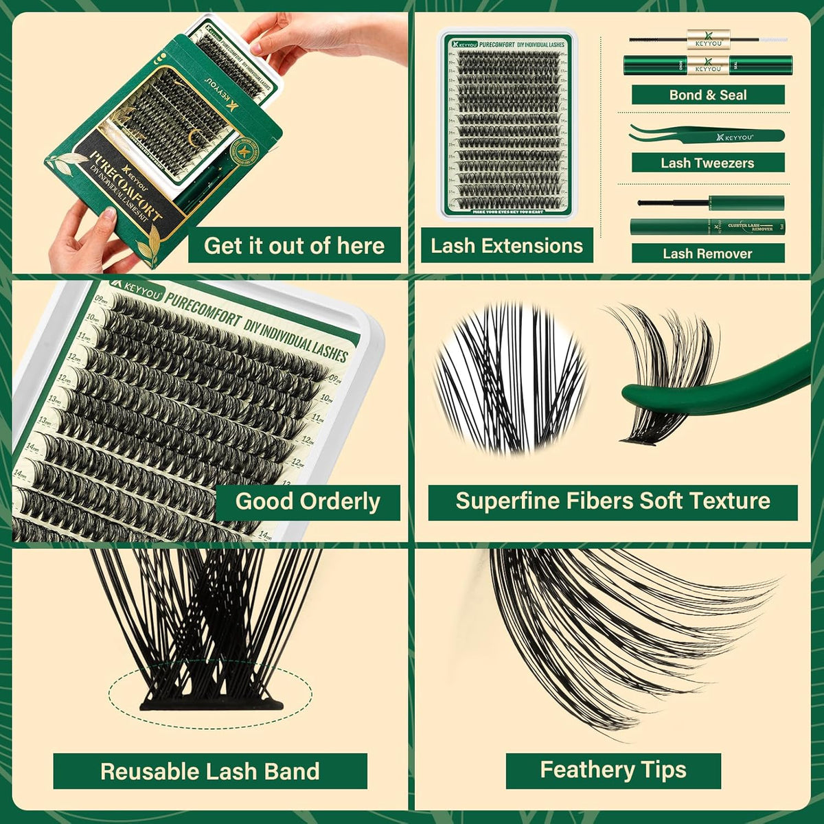 KEYYOU DIY Lash Extension Kit 300pcs Soft Lash Clusters 60D D Curl Easy to Apply with Lash Bond and