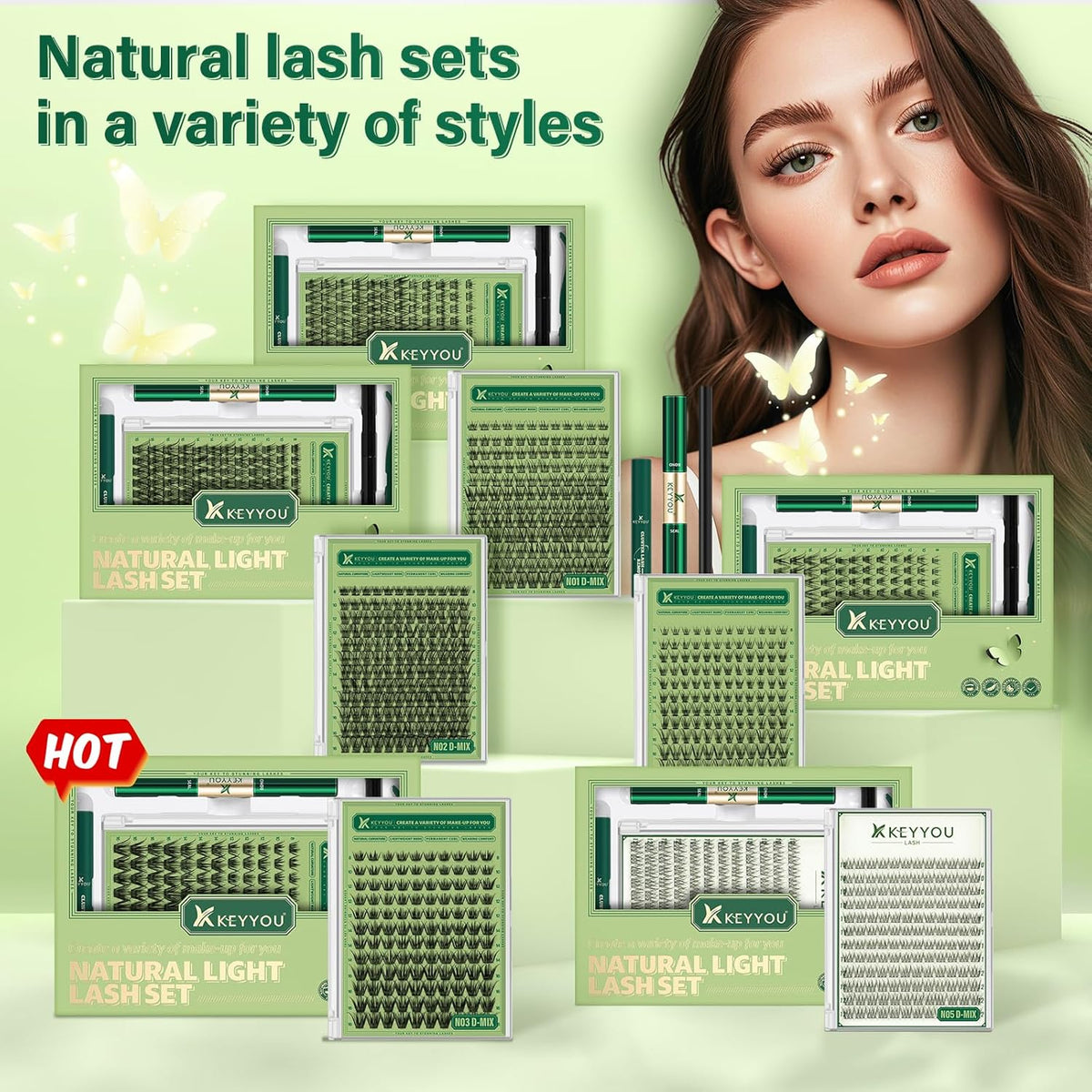 KEYYOU Natural Lash Clusters Kit 144Pcs DIY Lash Extension Kit Wispy Eyelash Extensions Kit D Curl