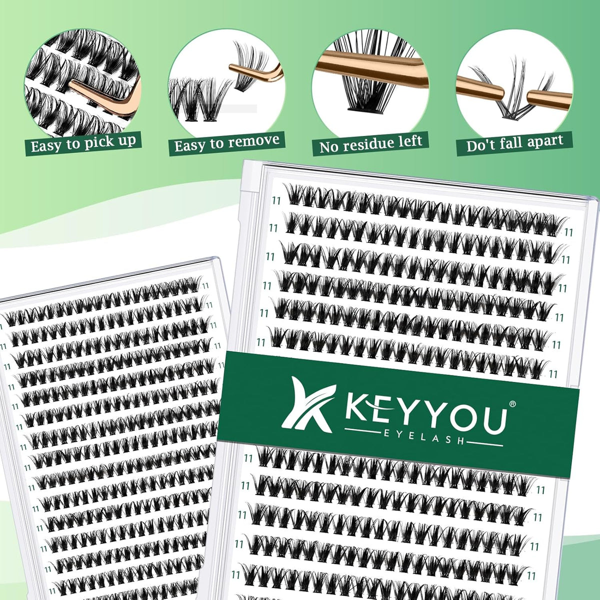 Lash Clusters 300pcs Individual Lashes 40D 0.07D Curl 12mm DIY Eyelash Extension KEYYOU Large Tray