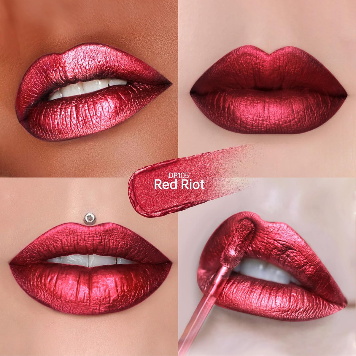 Red Lipsticks for Women Metallic Lipstick Long Lasting Non Stick Cup Lip Gloss, Metal Shine
