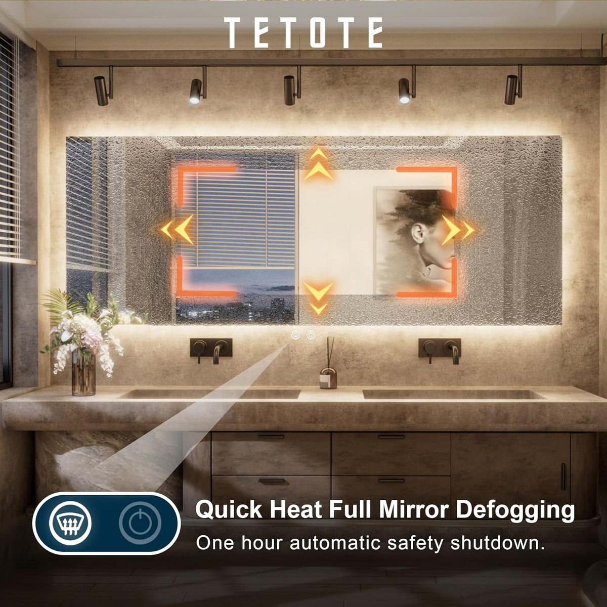 TETOTE 48 x 36 Inch LED Backlit Bathroom Mirror with Lights, 3Color White/Warm/Natural, Anti-Fog