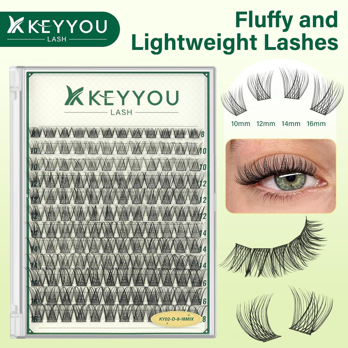 KEYYOULASH Lash Clusters Manga Lash Extension D Curl 144pcs 8-18mm Wispy Eyelash Clusters Natural