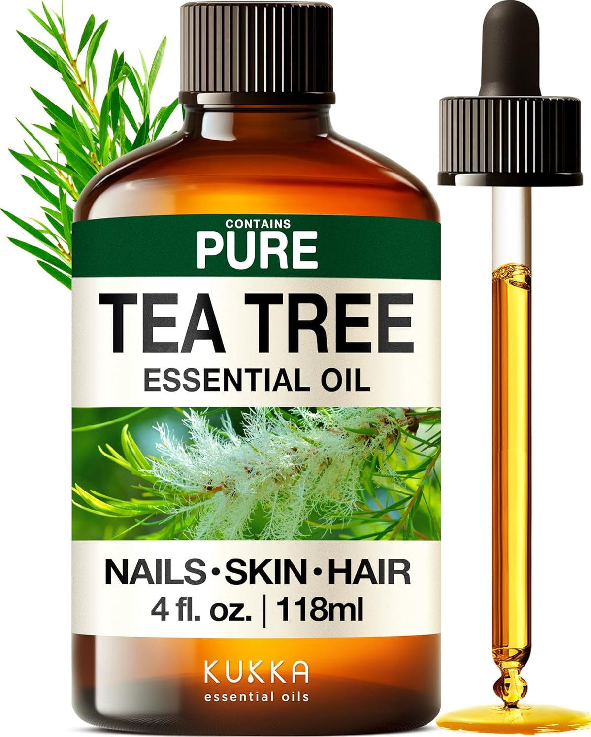 Kukka Essential Oils Tea Tree Oil for Skin, Hair, Nails & Toenails, Aromatherapy - 4 Fl Oz / 118