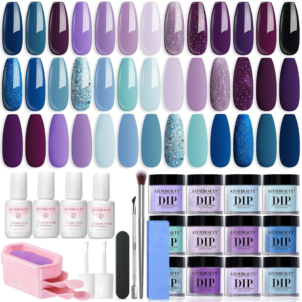 AZUREBEAUTY Dip Powder Nail Kit Starter, 20 Colors Purple Blue Glitter Dipping Powder Recycling
