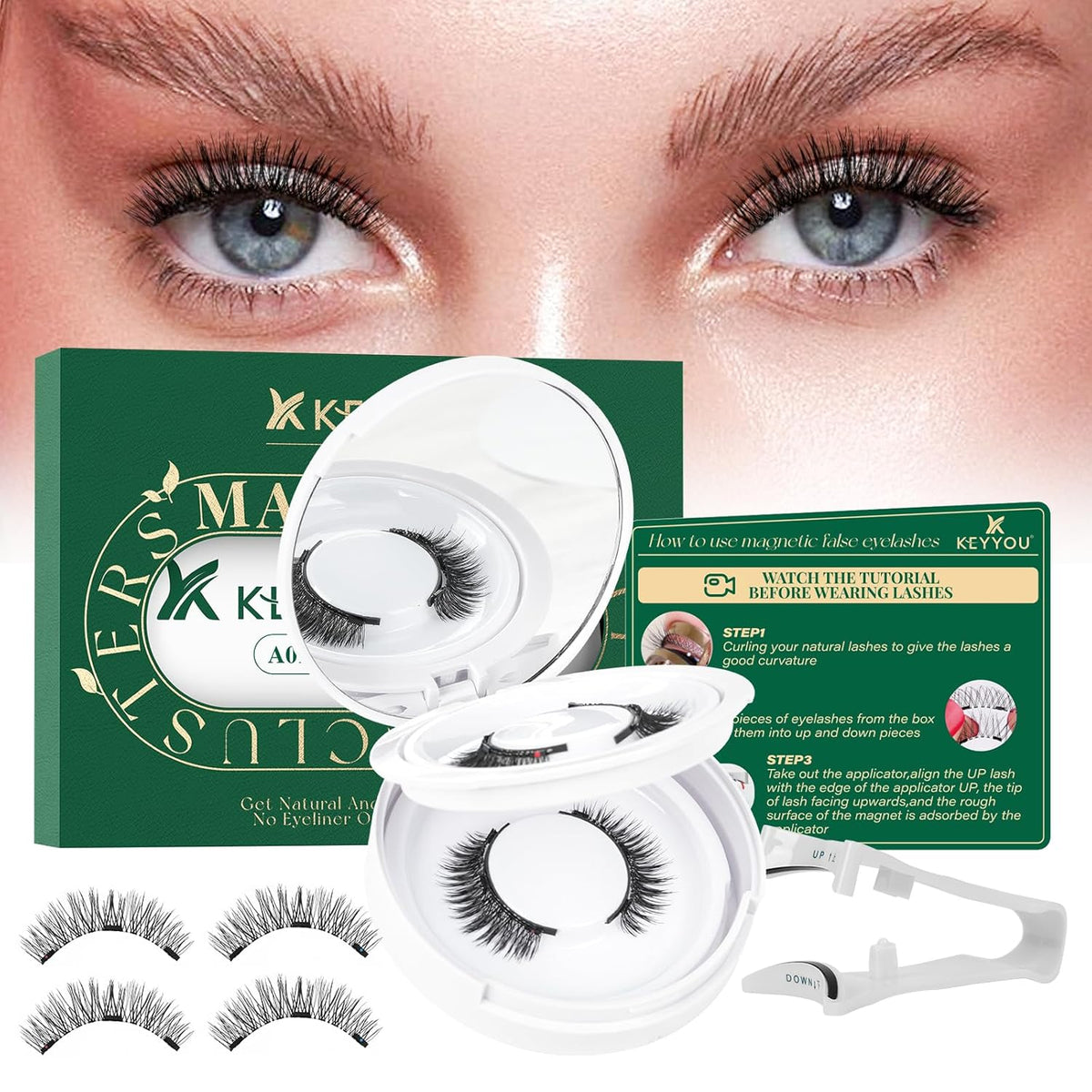 KEYYOU Reusable Magnetic Eyelashes 2 Pair with Applicator No Glue Needed 3D Natural Magnetic