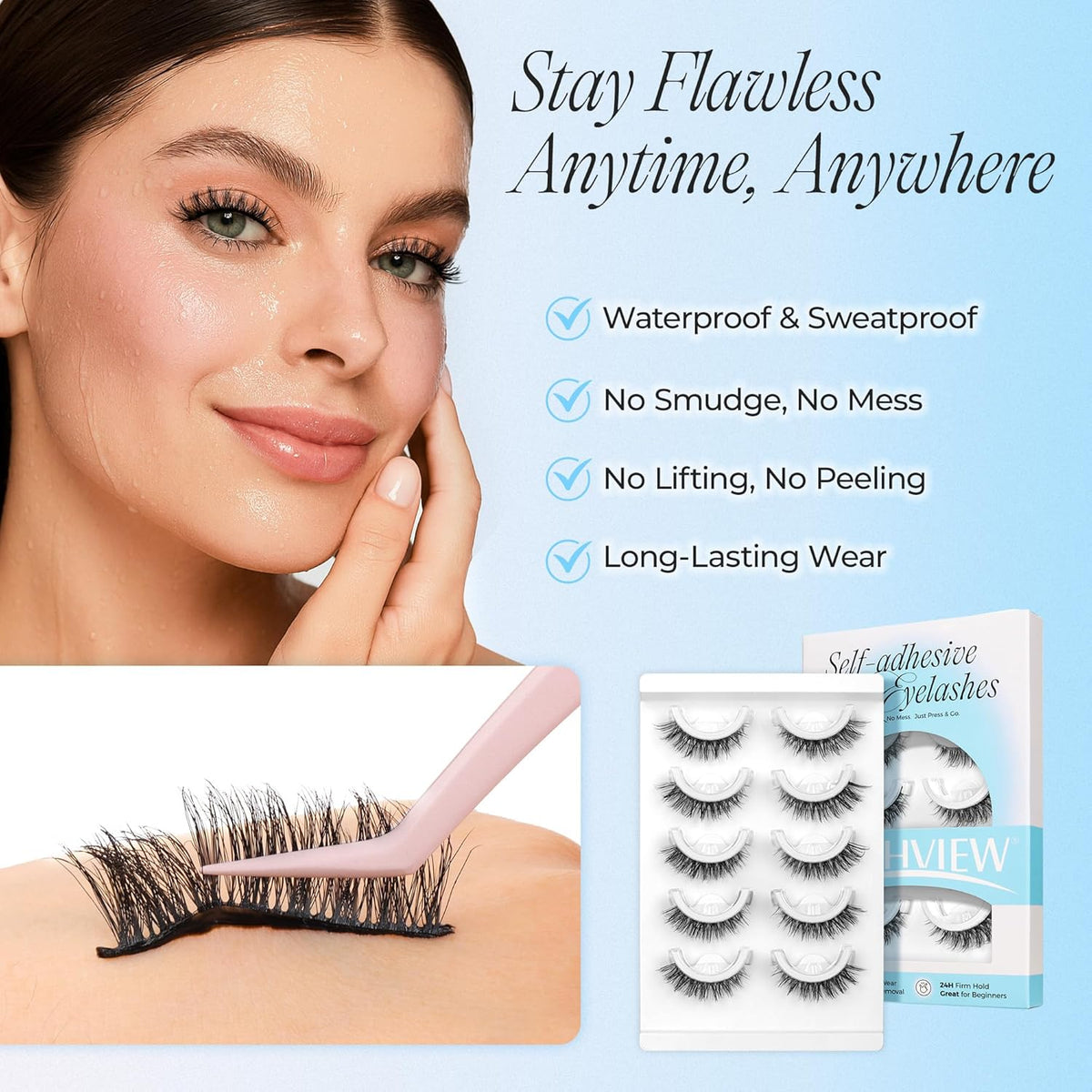LASHVIEW Self Adhesive Eyelashes 5 Pairs Cat Eye Wispy Self-adhesive False Lashes Reusable Natural