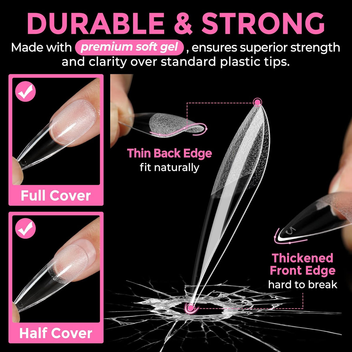 UNA GELLA Long Stiletto Gel Nail Tips: 216pcs Stiletto Almond Fake Nails Pre-Shape Long Almond