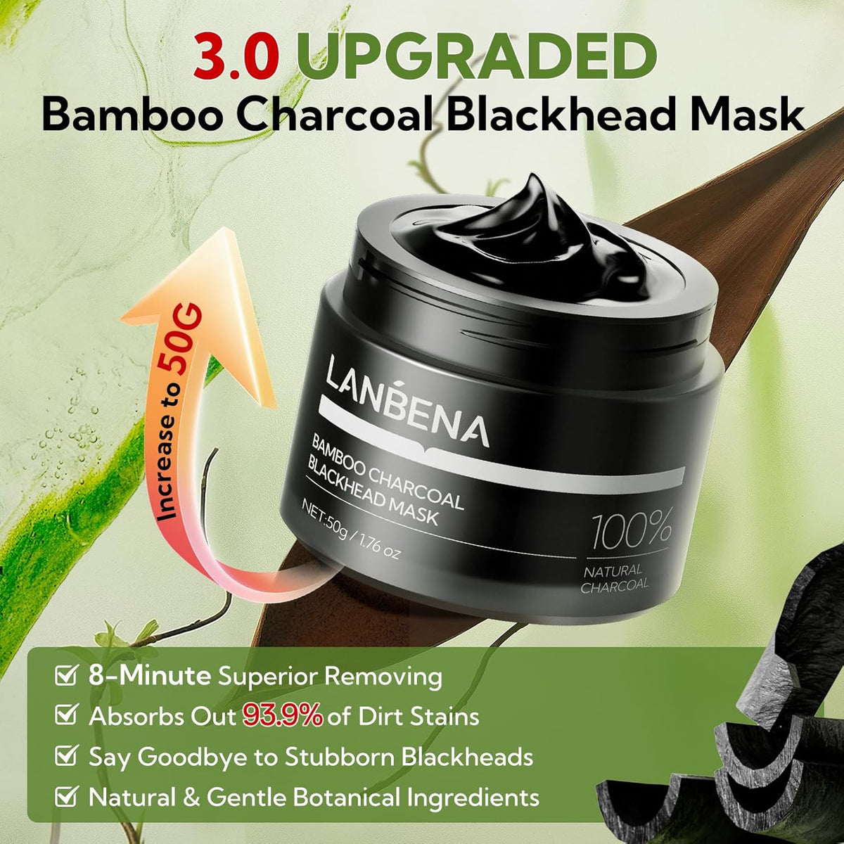LANBENA 3.0 Bamboo Charcoal Blackhead Remover Mask, 50g/1.76 oz, 120+ pcs Nose Pore Strips, Peel