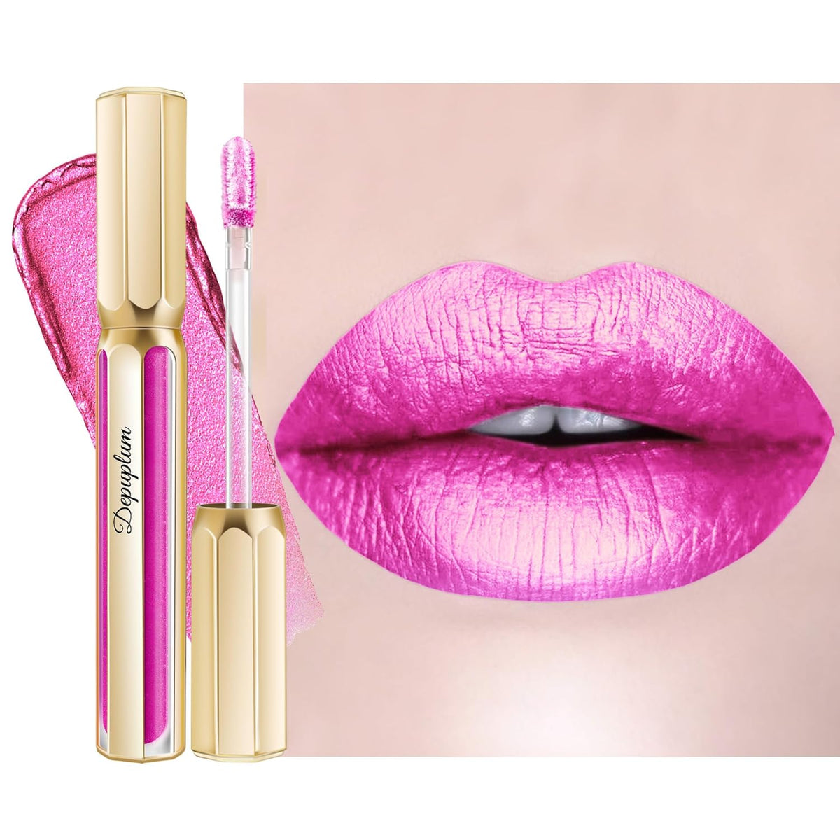 Hot Pink Lipsticks for Women Metallic Lipstick Long Lasting Non Stick Cup Lip Gloss, Shimmer