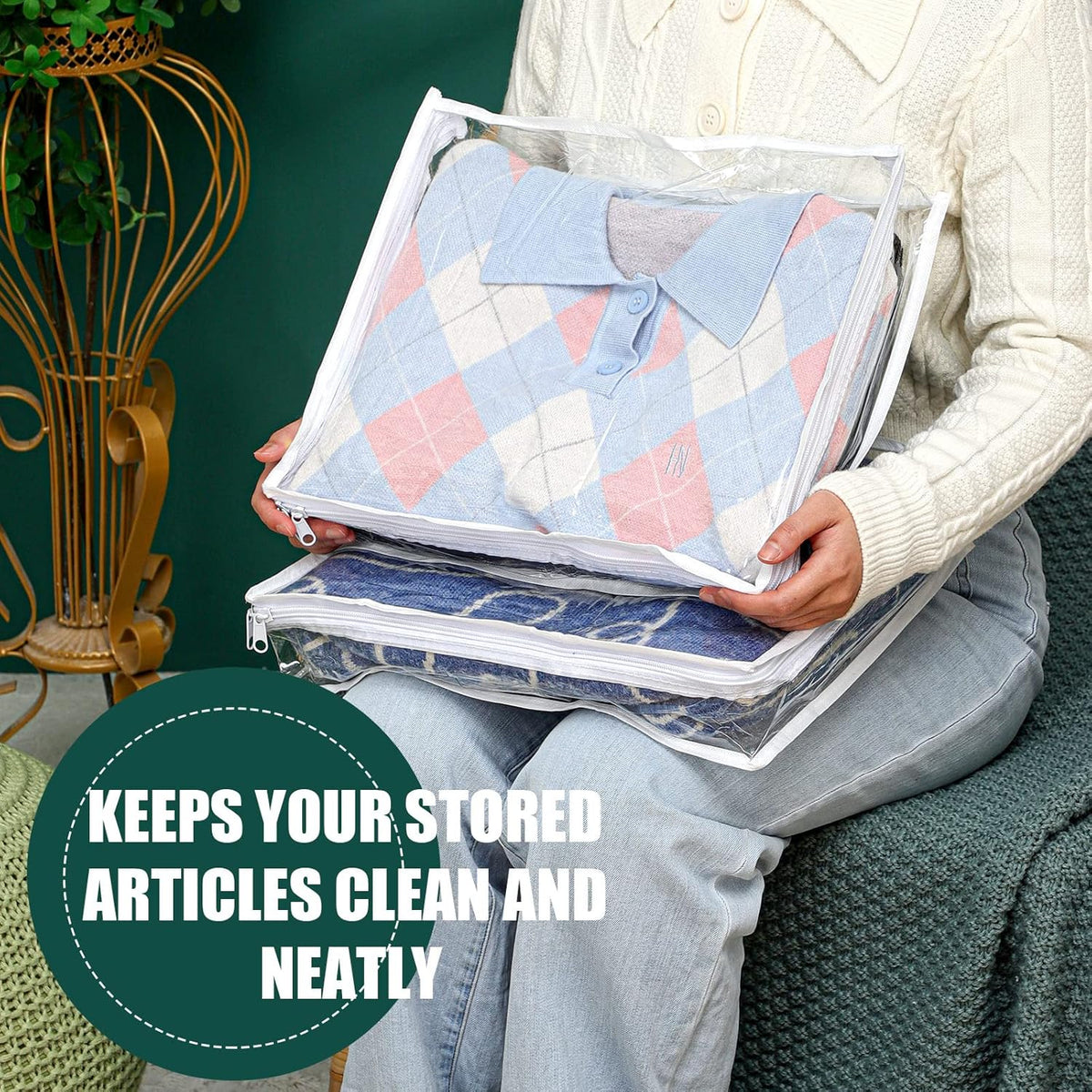 Hoolerry 6 Pieces Sweater Storage Bags Plastic Clear PVC Clothes Storage Bags with Zipper and Label