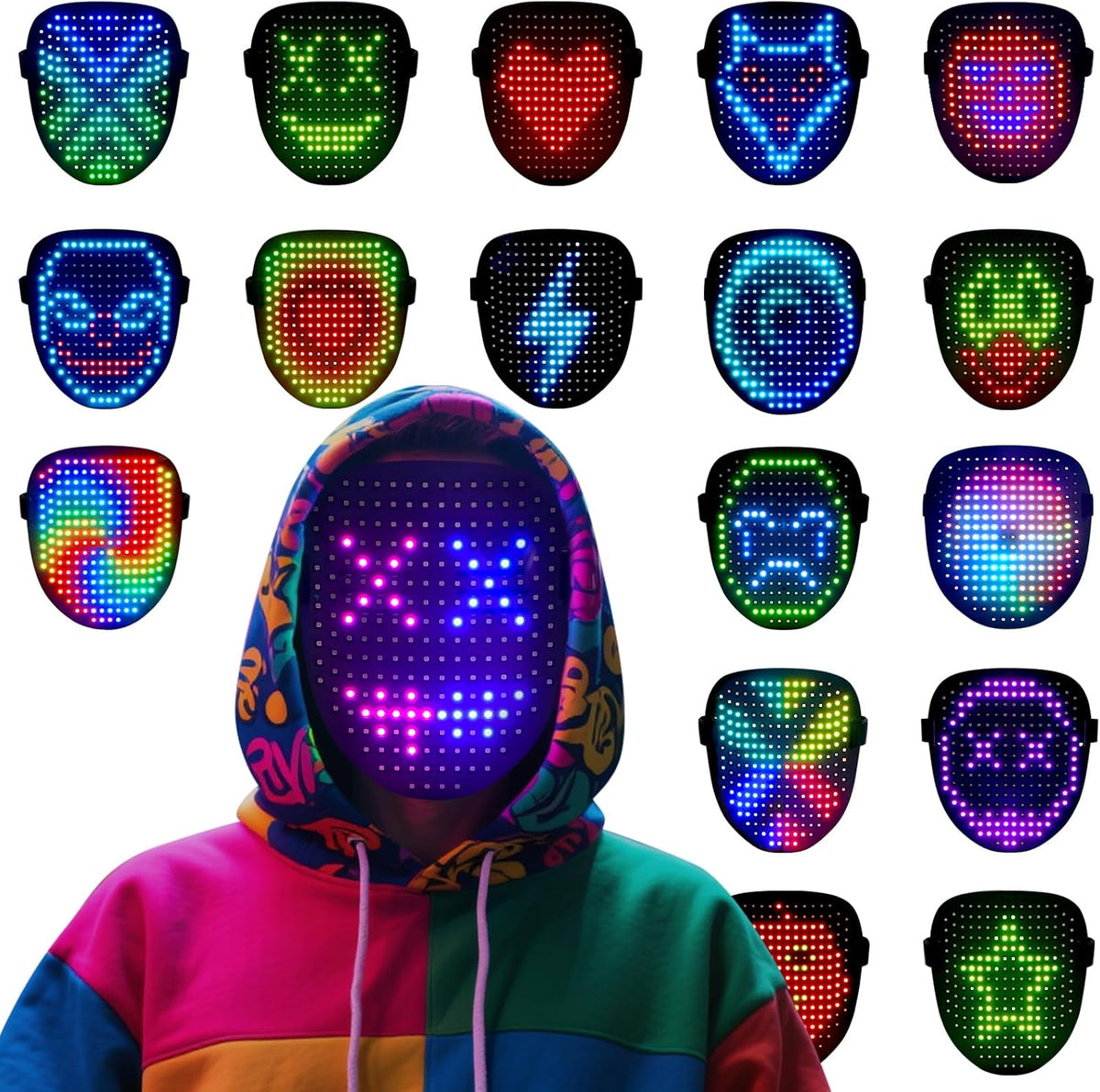 arscniek LED Face Mask with Gesture Control – Rechargeable Light Up Halloween Masks Costume for