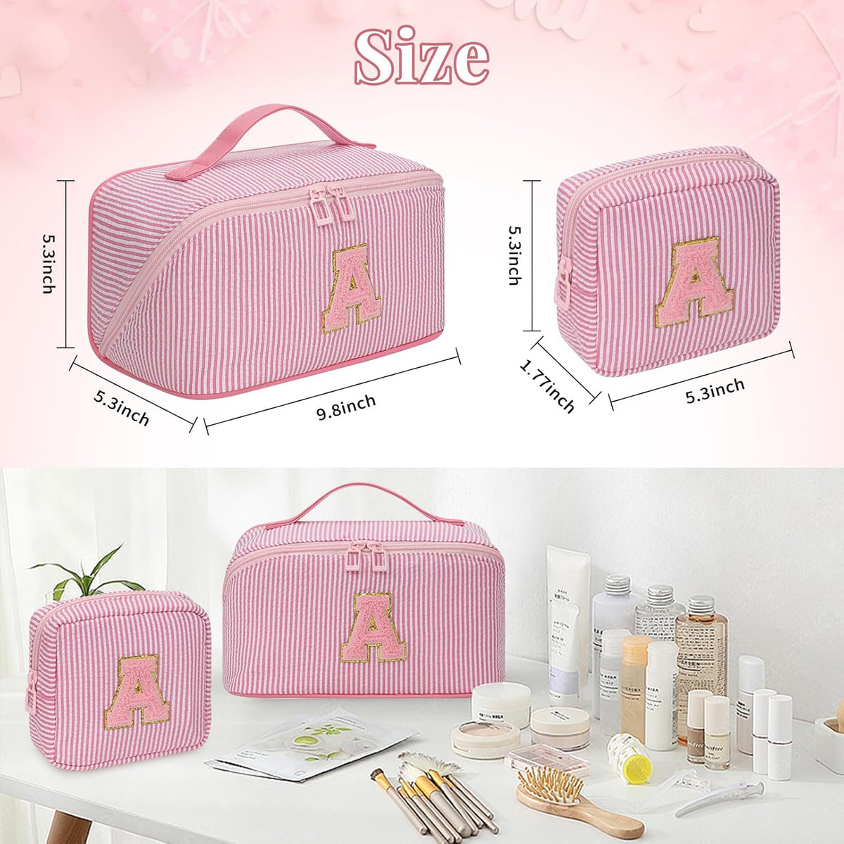 Travel Makeup Bag for Women, 2Pcs Portable Personalized Initial Makeup Organizer Bag, Open Flat