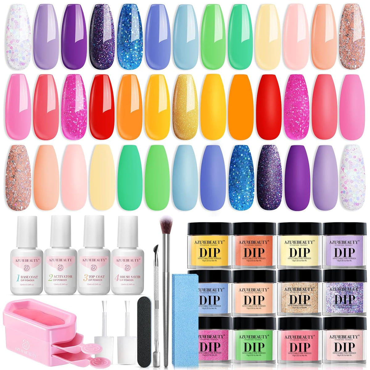 AZUREBEAUTY 31 Pcs Dip Powder Nail Kit Starter, Spring Summer 20 Colors Glitter Neon Pink Blue