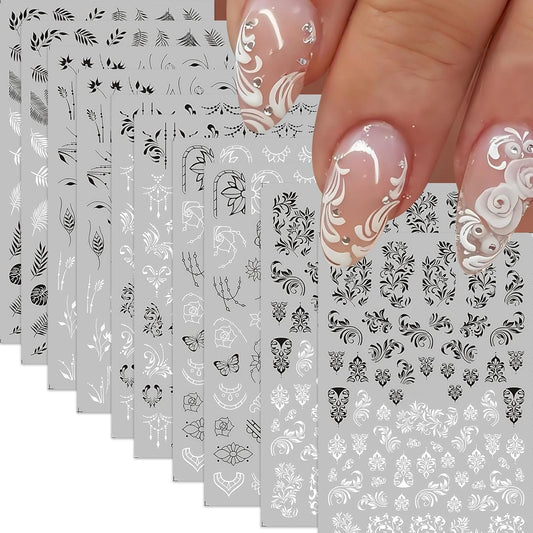 10 Sheets Black White Leaves Flowers Nail Stickers Decals 3D Self- Adhesive Retro Flower Vintage
