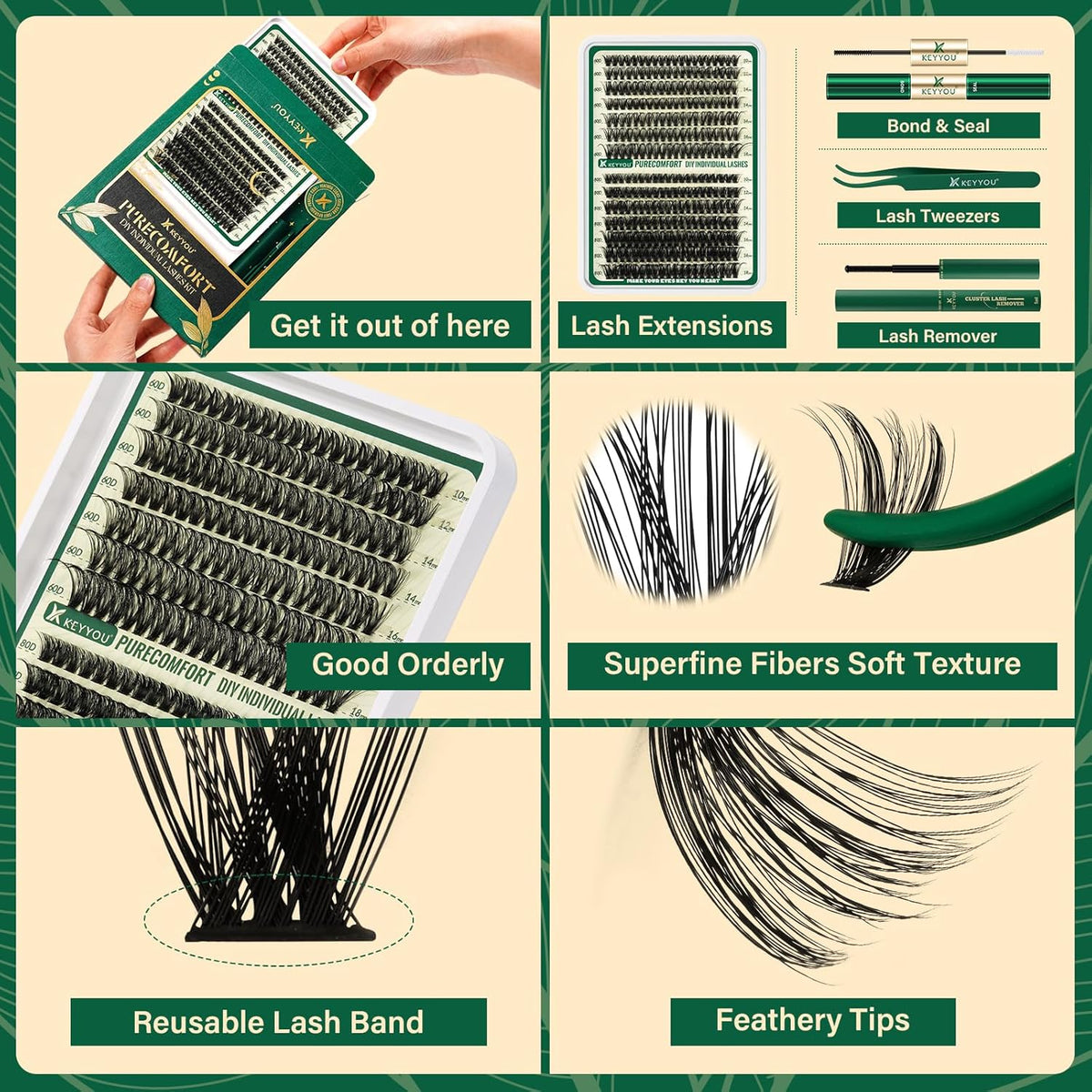 KEYYOU DIY Lash Extension Kit 280pcs Soft Lash Clusters 60D+80D D Curl Easy to Apply with Lash Bond