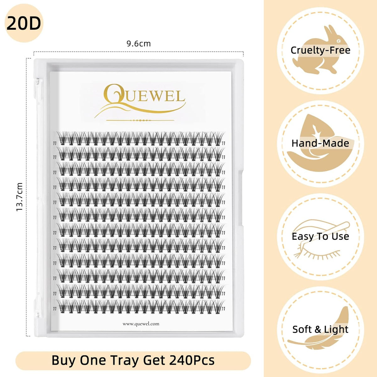 QUEWEL Lash Clusters 240Pcs Individual Lashes 20D 0.07D Curl 11mm Knot-Free Lash Extensions