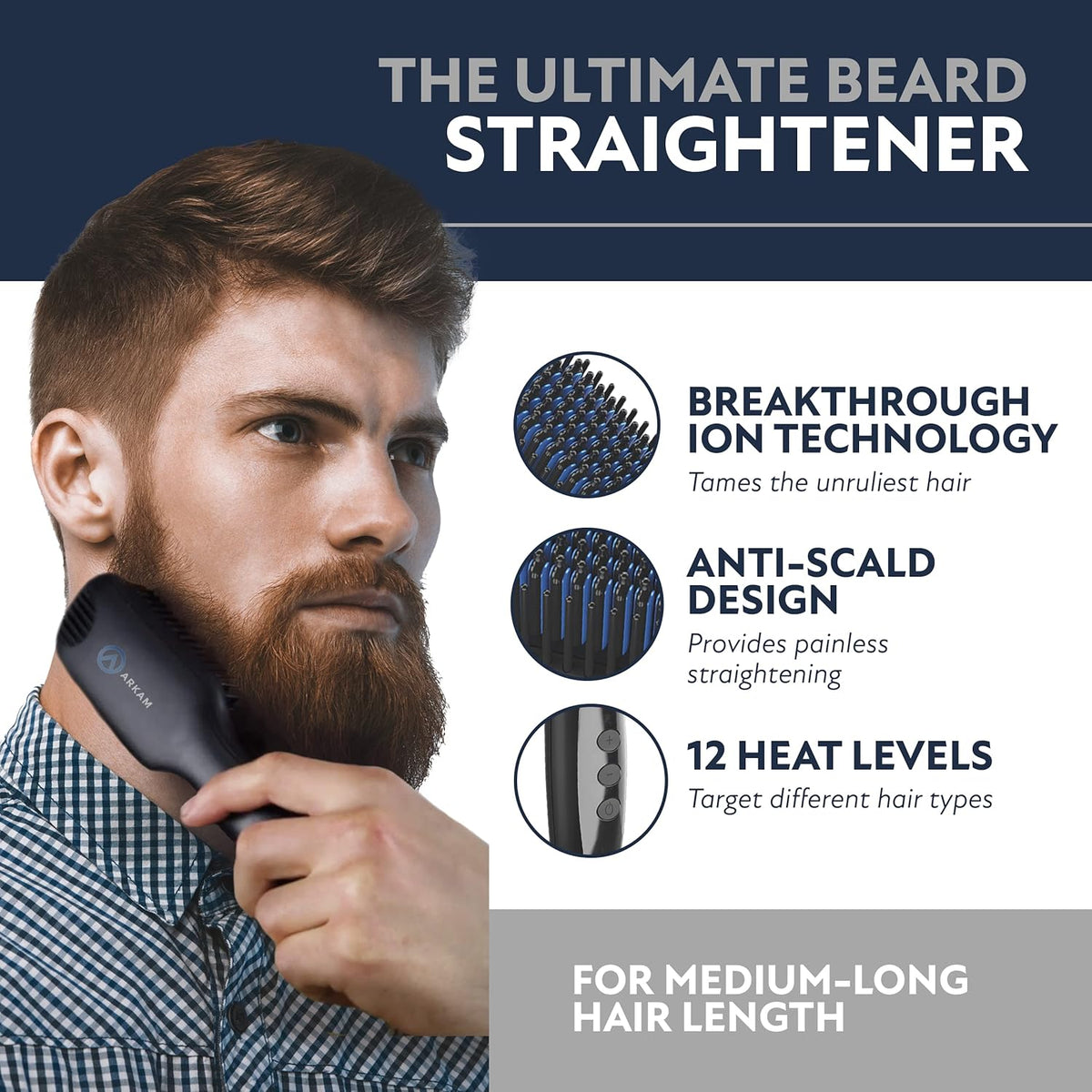 Arkam Beard Straightener for Men -Premium Heated Beard Brush Kit w/Anti-Scald Feature, Dual Action