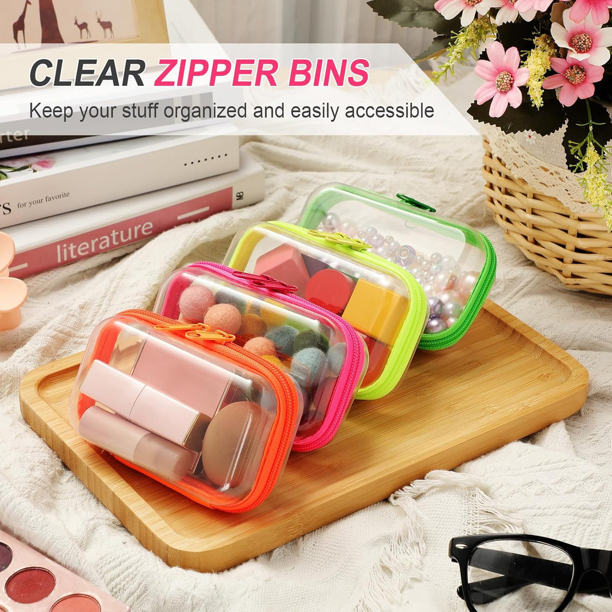 Hoolerry 4 Pcs Hard Clear Zipper Case Makeup Bags Plastic Pencil Pouch Transparent Storage Box