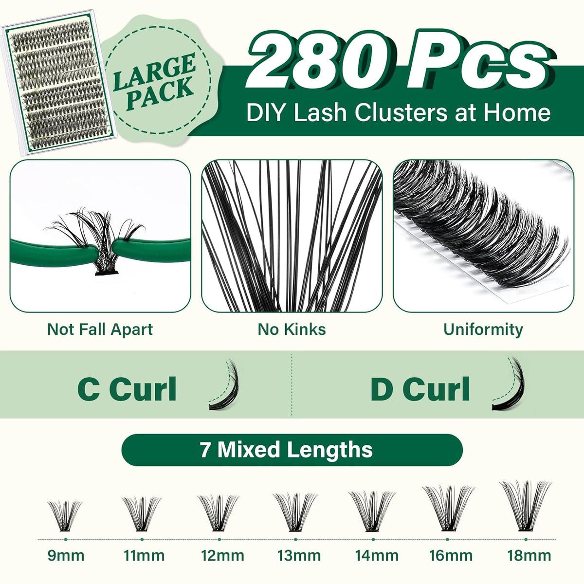 KEYYOU Lash Extension Kit DIY 280Pcs Lash Clusters Eyelash Extension Kit 30D40D,D Curl 9-18MIX Lash