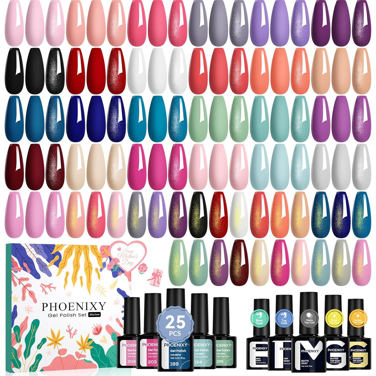 phoenixy Gel Nail Polish 25+5 PCS Gel Nail Polish Kit with Base Coat Glossy Matte Gold Glitter and