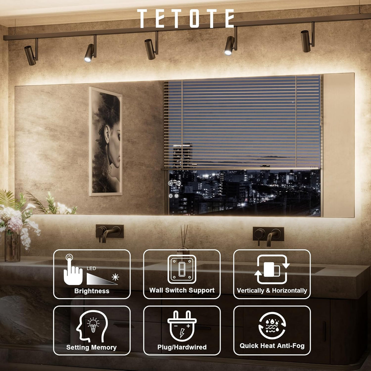 TETOTE 48 x 36 Inch LED Backlit Bathroom Mirror with Lights, 3Color White/Warm/Natural, Anti-Fog