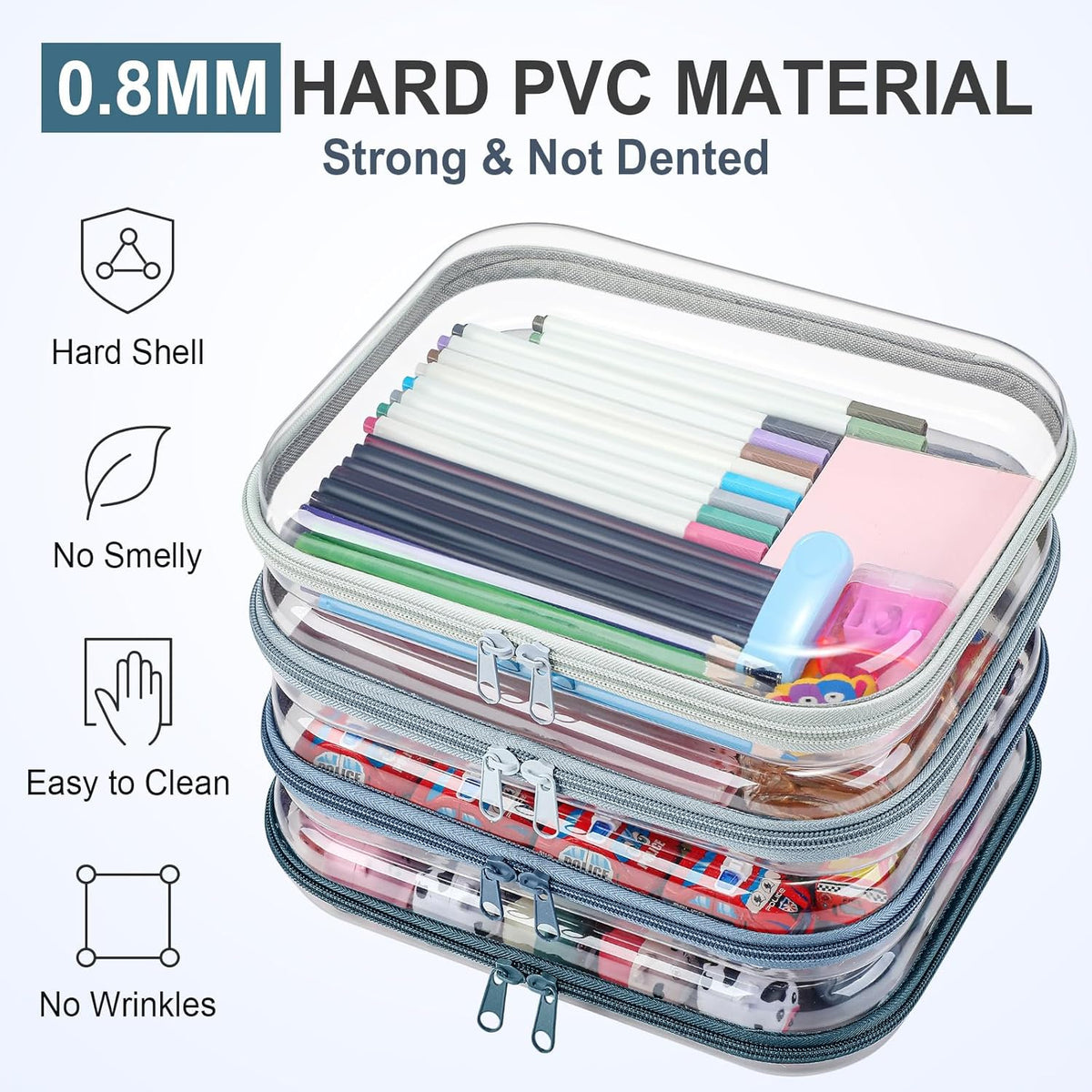 Hoolerry 4 Pcs Hard Clear Zipper Case Makeup Bags Plastic Pencil Pouch Transparent Storage Box
