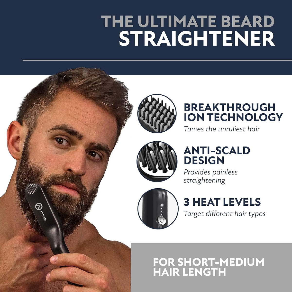 Arkam Beard Straightener for Men - Original Heated Beard Brush Kit w/Anti-Scald Feature, Dual