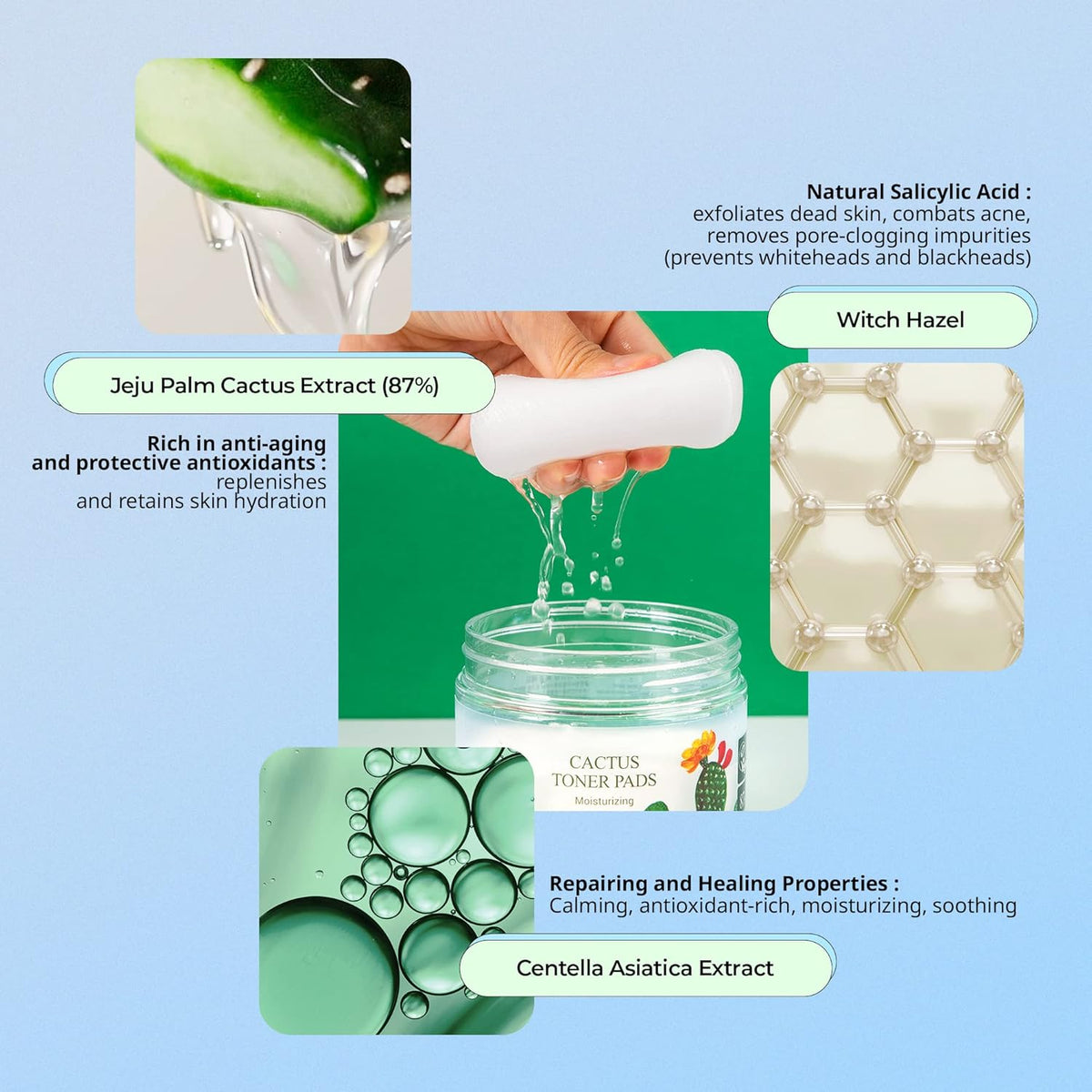 YADAH Cactus Toner Pads 5.07 Fluid Ounce 60 Count, Cruelty Free Facial Cleansing Exfoliator Toning