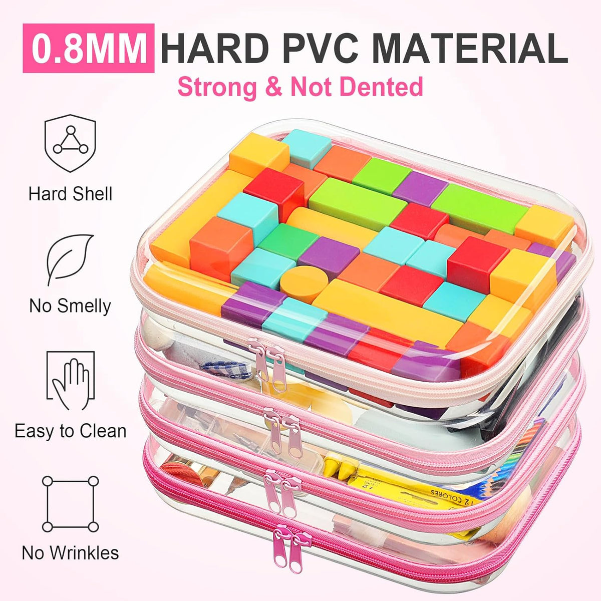 Hoolerry 4 Pcs Hard Clear Zipper Case Makeup Bags Plastic Pencil Pouch Transparent Storage Box