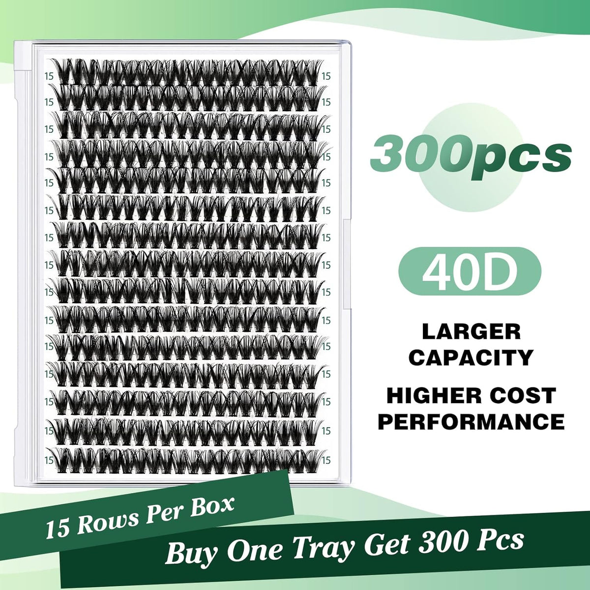 Lash Clusters 300pcs Individual Lashes 40D 0.07C Curl 15mm DIY Eyelash Extension KEYYOU Large Tray