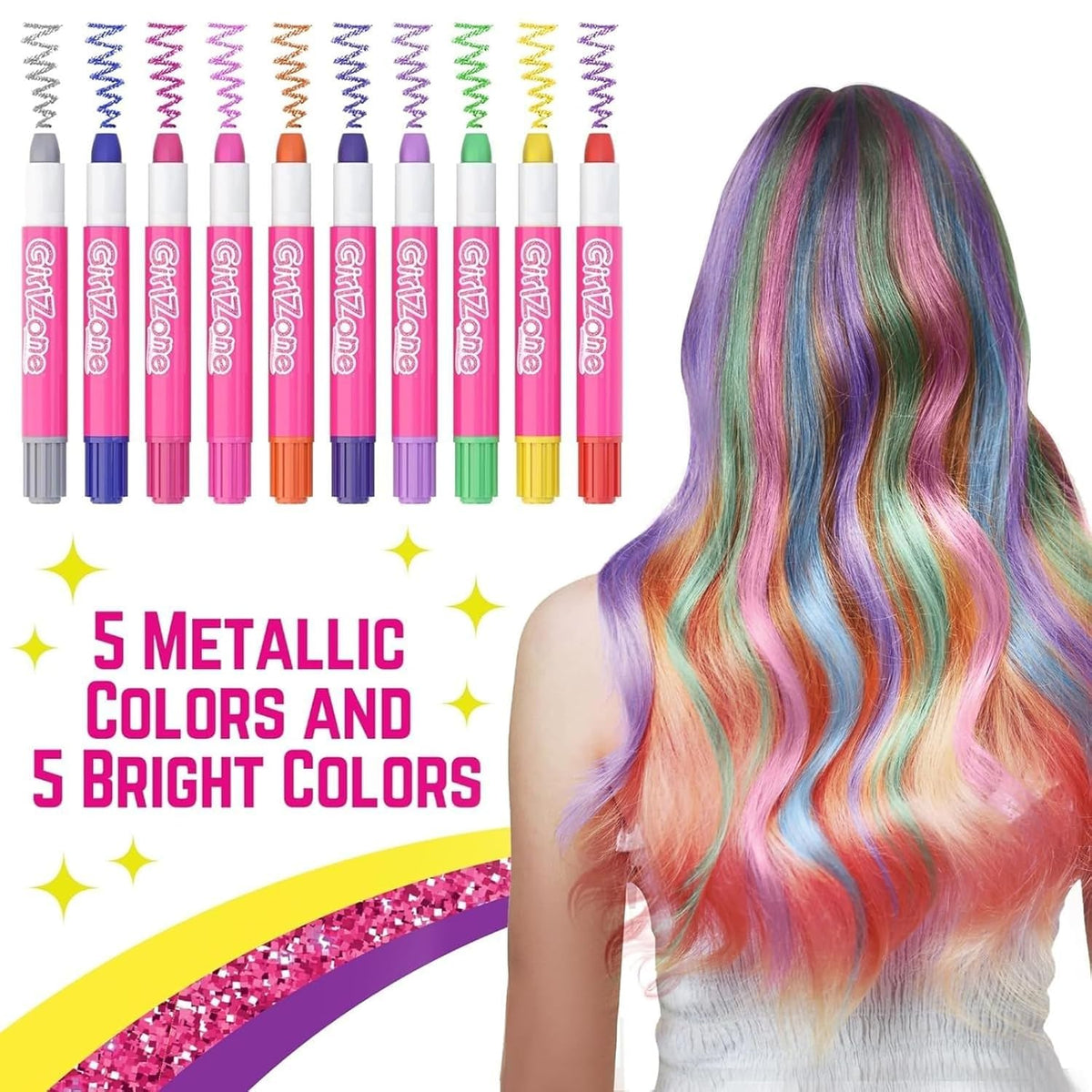 GirlZone Hair Chalks Set, 10-Piece Temporary Hair Chalk For Kids, Easy to Apply and Remove