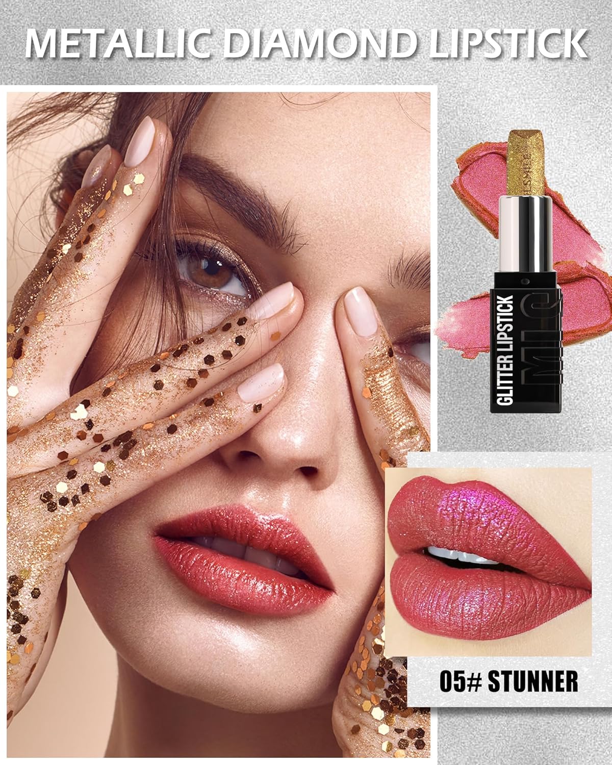 Diamond Glitter Matte Lipstick, Long Lasting Waterproof Gold Pink Metallic Sparkling High Pigment