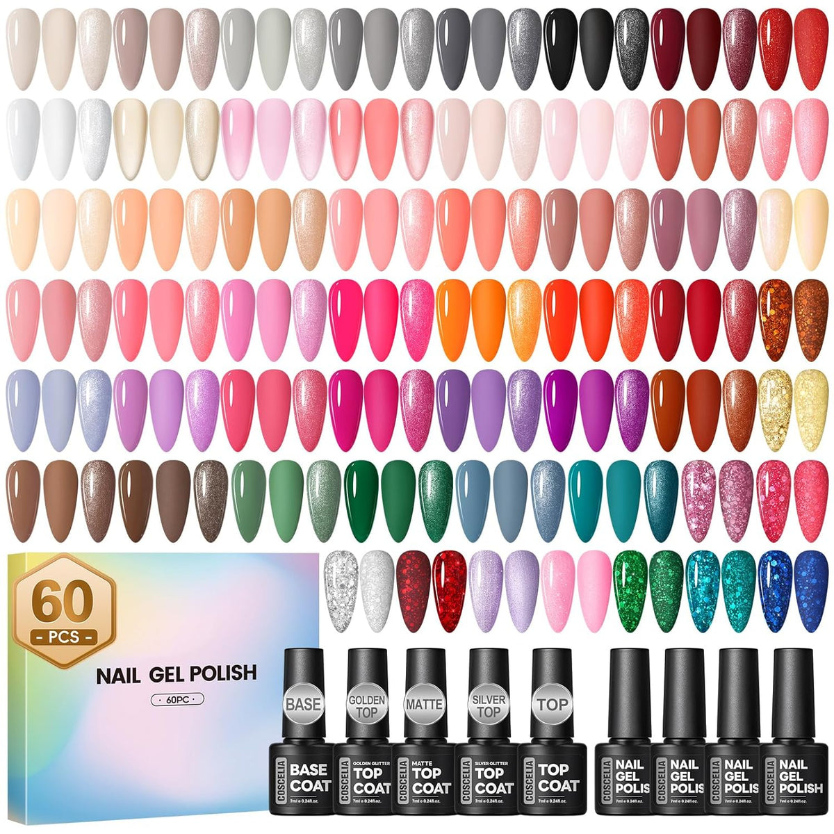 60PCS Gel Nail Polish Starter Kit, 7ml 55 Colors gel polish with 5pcs Top Base Coat Pink White Red