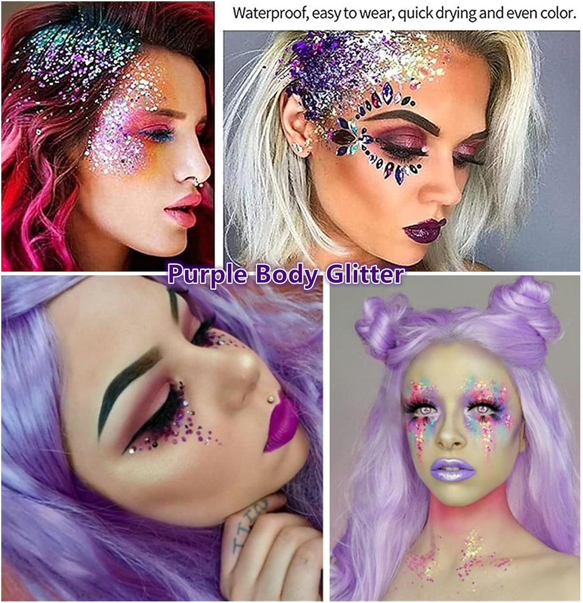 Go Ho Mermaid Purple Face Body Glitter Gel,Holographic Purple Hair Glitter,Mardi Gras Outfit for