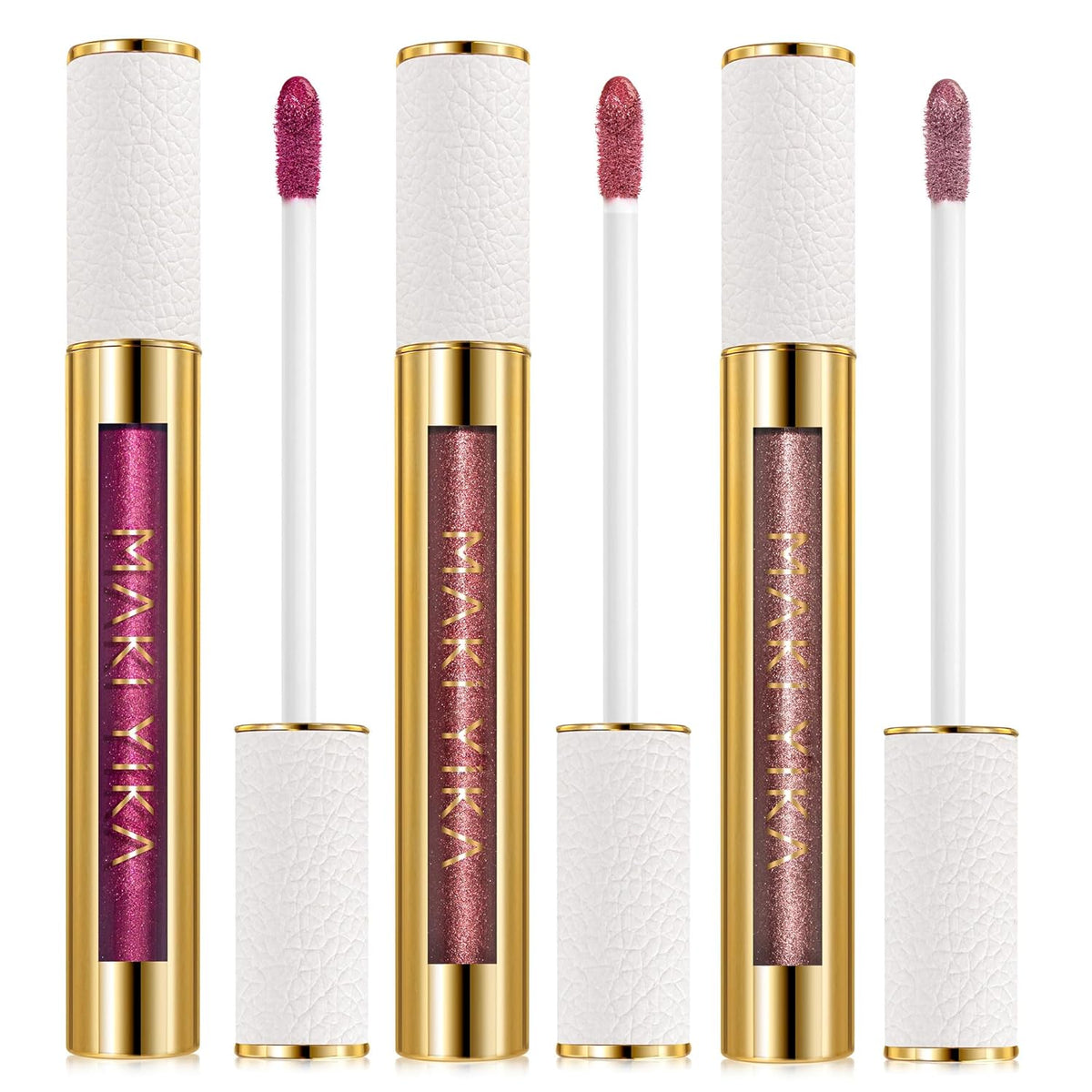 MAKI YIKA 3Pc Metallic Lipstick Long Lasting, Hot Pink Red Brown Glitter Lipsticks, High Shine