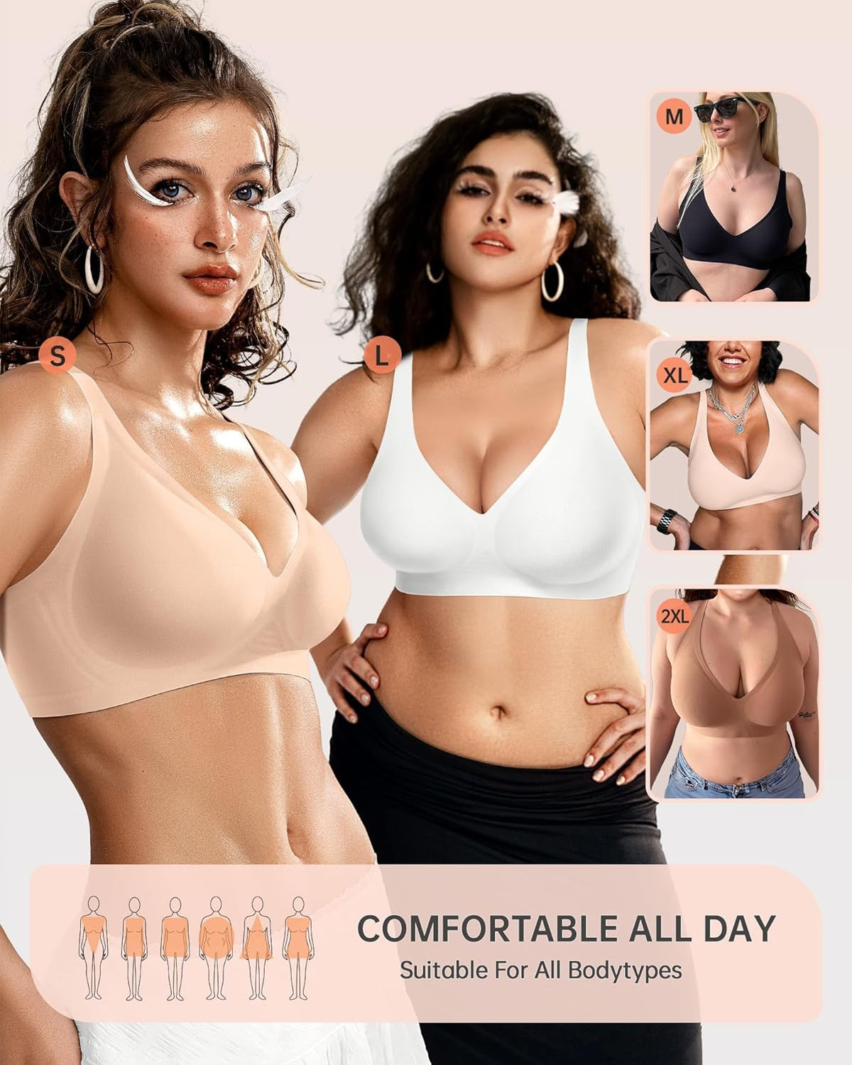 OEAK Womens Deep V Bras Wireless Comfortable Bra Supportive No Underwire Bras Tshirt Push Up