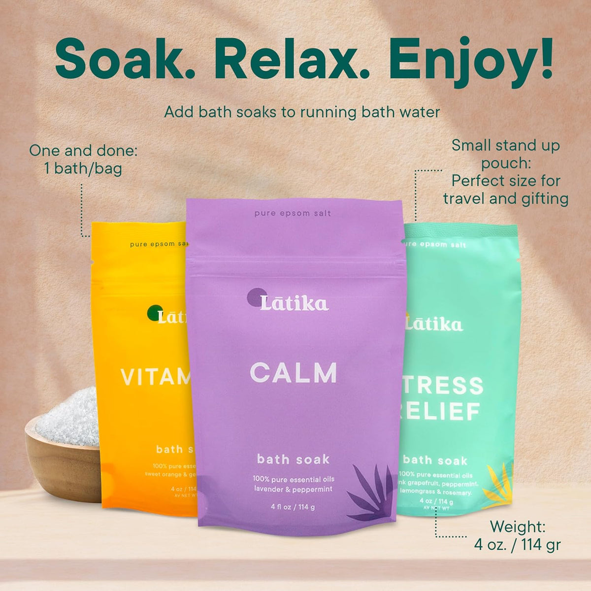Soaks Set of 3 – Rejuvenate, Calm & Stress Relief Bath Soak with Essential Oils | Epsom Salt for