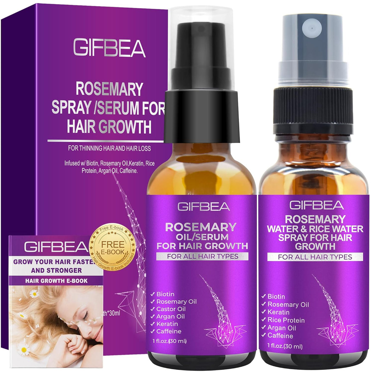 Rosemary Oil Hair Growth Serum W/Rosemary Water & Rice Water Spray Hair Growth,Biotin Castor Oil