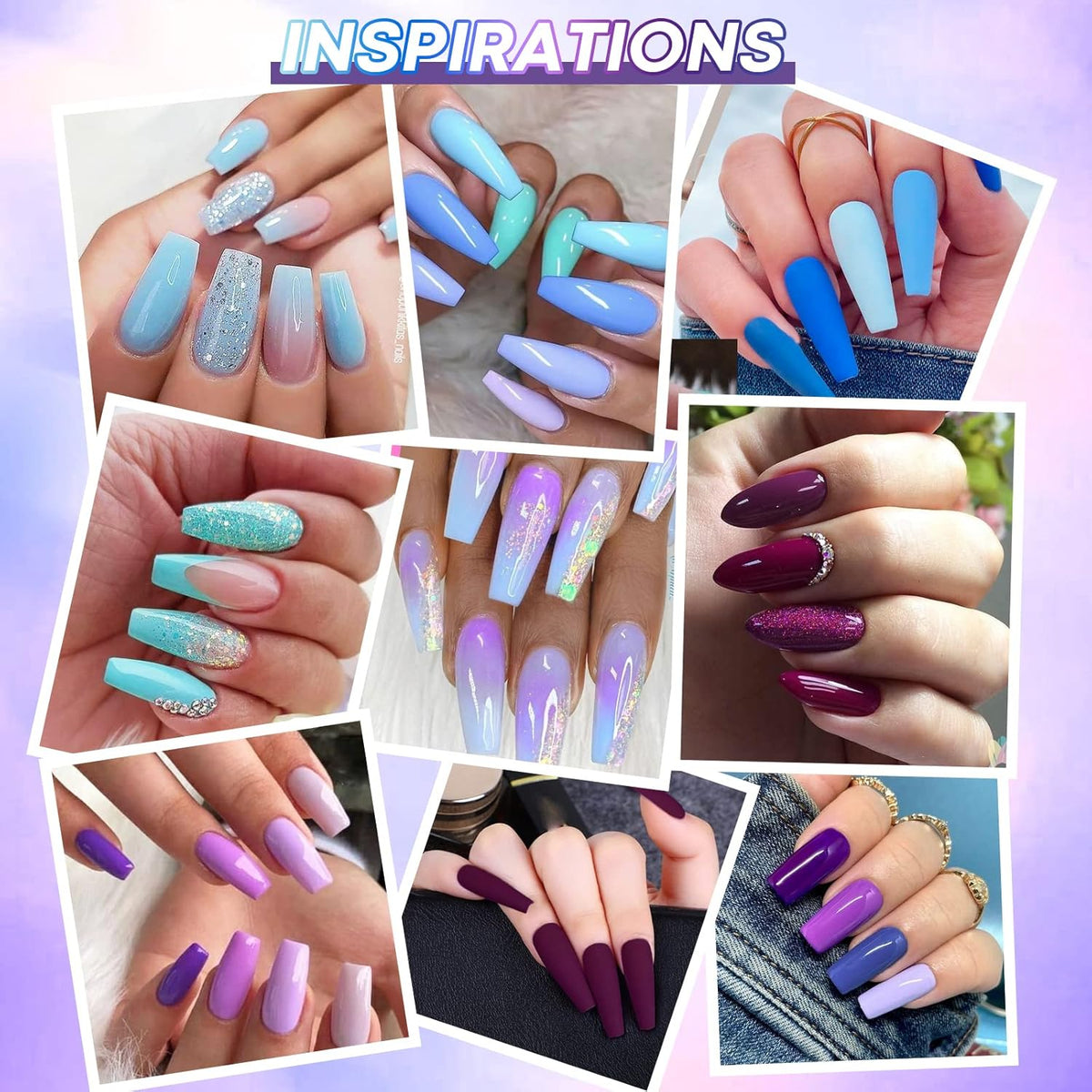 AZUREBEAUTY Dip Powder Nail Kit Starter, 20 Colors Purple Blue Glitter Dipping Powder Recycling