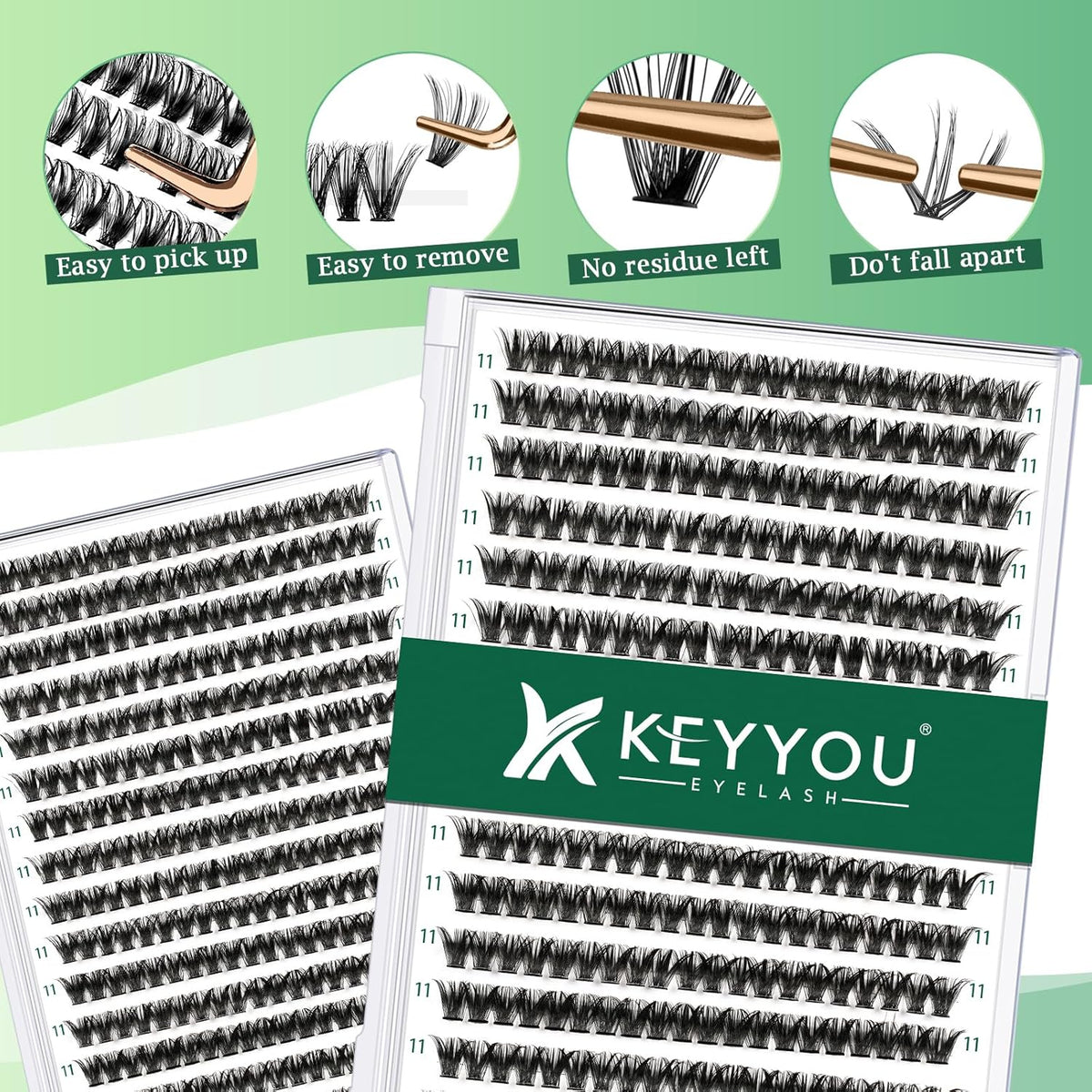 KEYYOU Lash Clusters 300pcs Individual False Eyelashes 50D-0.07D Curl 11mm DIY Eyelash Extension