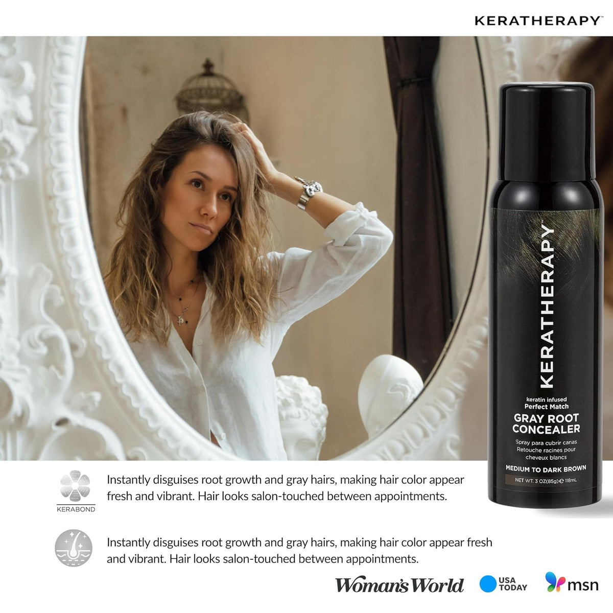 Keratherapy Keratin Infused Perfect Match Gray Root Concealer Spray, Dark Brown, 3 oz, 118 ml