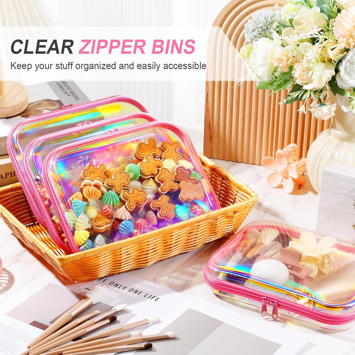 Hoolerry 4 Pcs Hard Clear Zipper Case Makeup Bags Plastic Pencil Pouch Transparent Storage Box