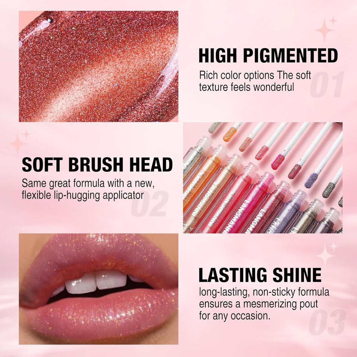 LANGMANNI 2 Colors Diamond Glitter Lip Gloss Set,Long Lasting High Shine Shimmer Liquid Lipstick