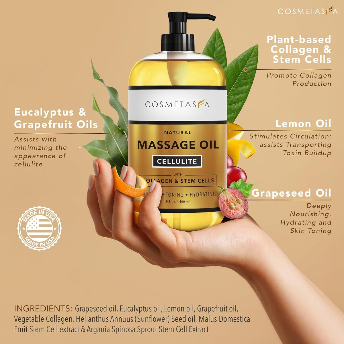 Large Cellulite Massage Oil with Collagen & Stem Cells- 100% Natural Cellulite Oil, Highly