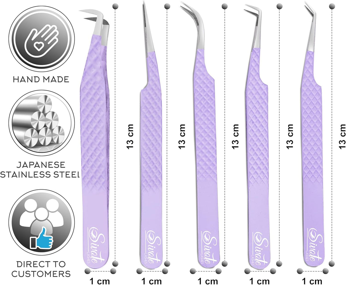 SIVOTE Lash Tweezers for Eyelash Extensions, Pack of 5 Purple – Lash Extension Tweezers Set with