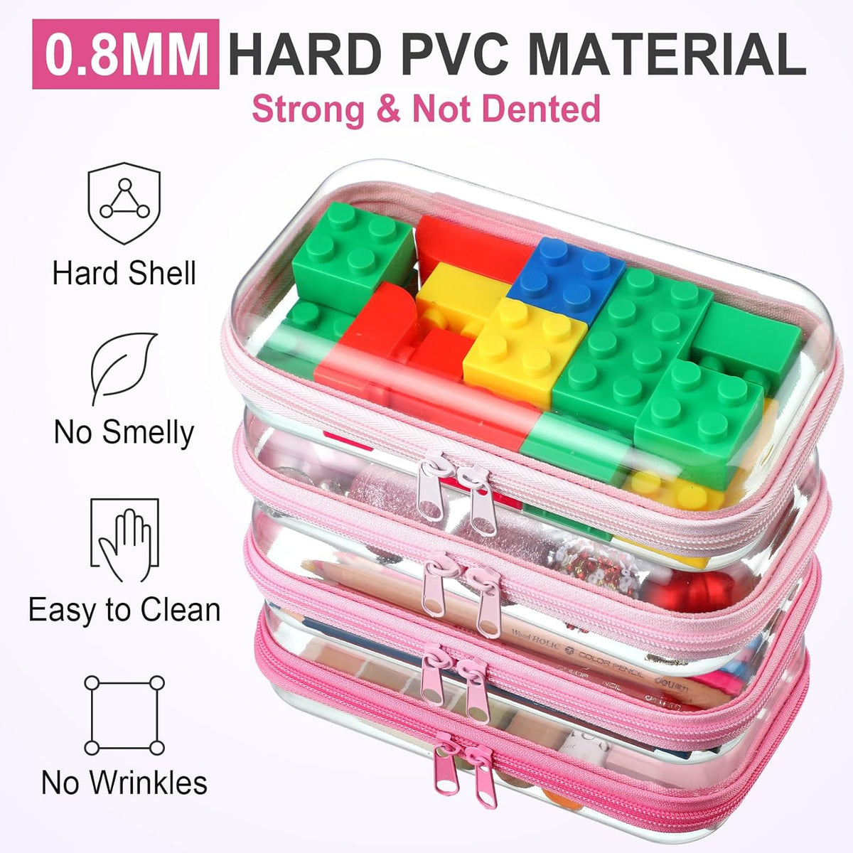 Hoolerry 4 Pcs Hard Clear Zipper Case Makeup Bags Plastic Pencil Pouch Transparent Storage Box