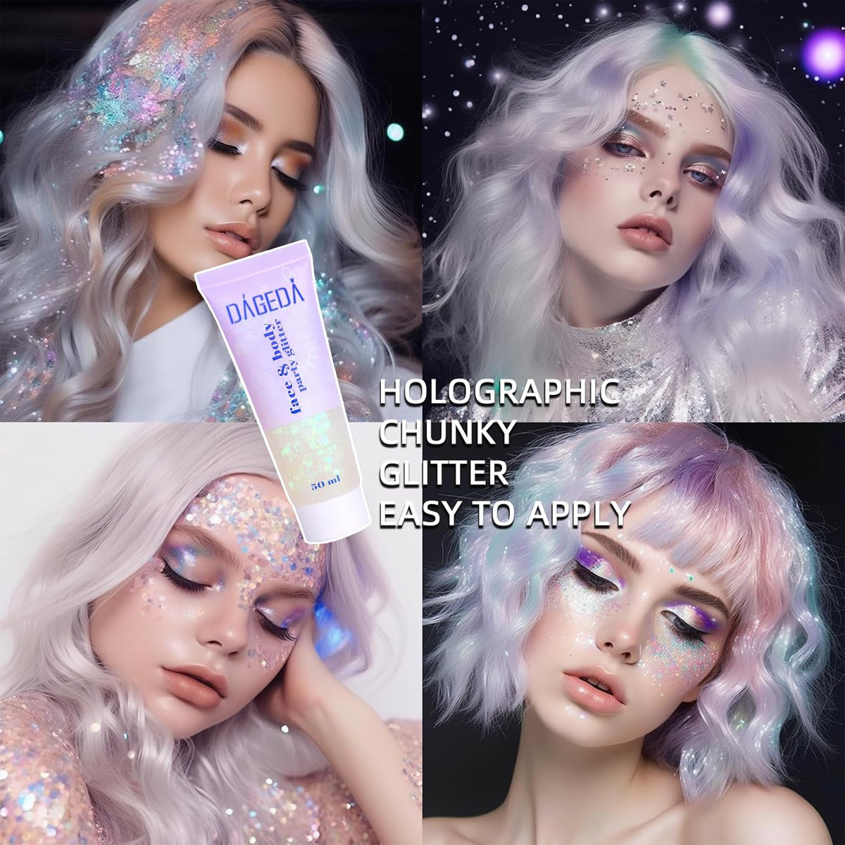 DAGEDA Body Glitter Gel, Face Glitter Body Gel Sequins Shimmer Liquid Eyeshadow, Chunky Glitter for