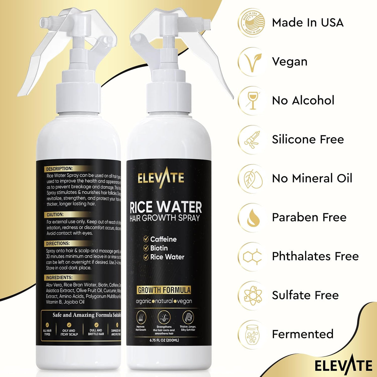 Elevate Rice Water Hair Growth Spray - Infused with Biotin, Caffeine & Aloe Vera for Thicker