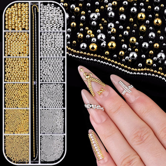 1-3MM Mini Small Nail Beads Metal Caviar Bead Silver Gold Nail Charms and Gems Ball, Nail Chain for
