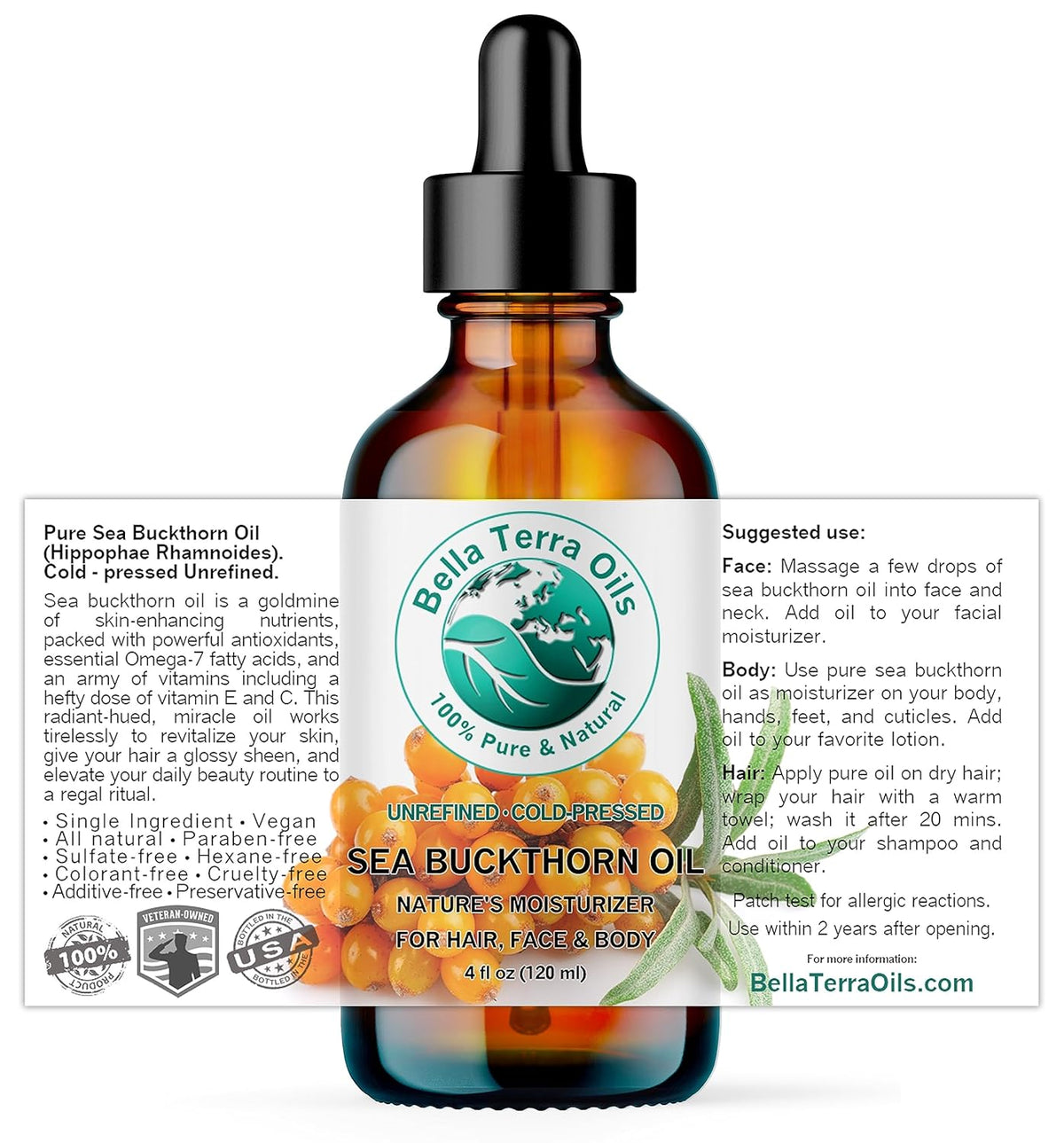 Bella Terra Oils - Sea Buckthorn Oil 4 oz - Unlock the Gold Standard in Skincare, Infused with